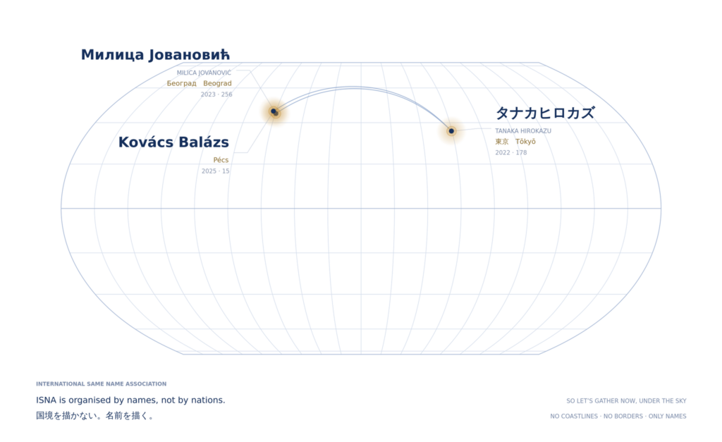 ISNA map — cities where same-name gatherings have been held: Tokyo, Belgrade, Pécs. Drawn without national borders.